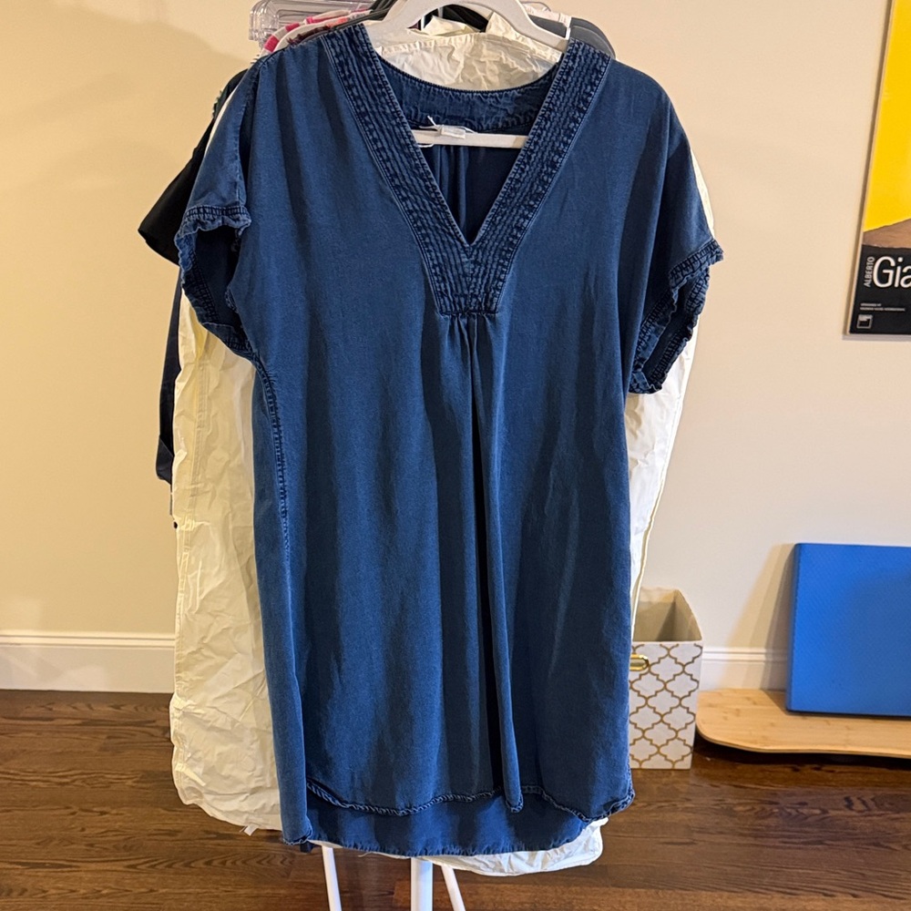 H&M Washed Denim V-Neck Short Sleeve Mini Dress